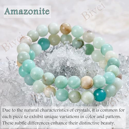 Bivei 8mm Beaded Bracelets for Women Handmade Semi Precious Natural Stone Stretch Elastic Jewelry Yoga Protection Gifts - color: Amazonite - Abundance, size: Large 8-8.27 inch