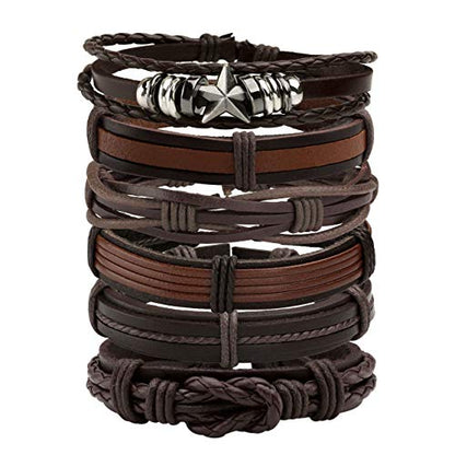 Leather Braided Bracelet Cuff Wrap Wristband for Men Women Adjustable - color: E:6pcs