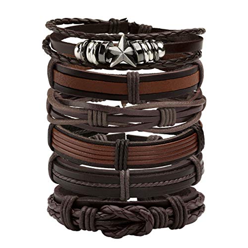 Leather Braided Bracelet Cuff Wrap Wristband for Men Women Adjustable - color: E:6pcs