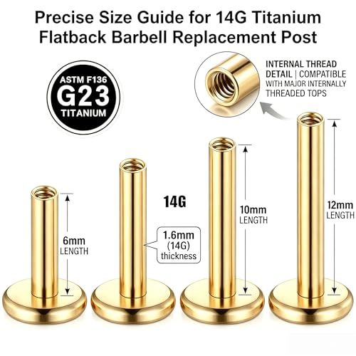 DJCIW G23 Titanium 18G Internally Threaded Flat Back Labret Post Only, 6-12mm Replacement Piercing Shaft for Helix Tragus Nose Lip - color: gold-14G=1.6*6/8/10/12mm
