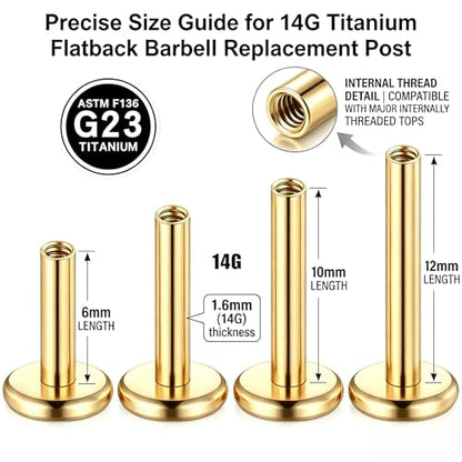 DJCIW G23 Titanium 18G Internally Threaded Flat Back Labret Post Only, 6-12mm Replacement Piercing Shaft for Helix Tragus Nose Lip - color: gold-14G=1.6*6/8/10/12mm