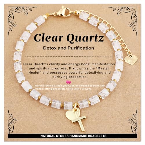 Natural Gemstone Healing Crystal Dainty Charms Bracelet Adjustable Chain Extender Minimalist Jewelry - color: Clear Crystal + Heart + Cross