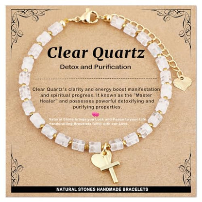 Natural Gemstone Healing Crystal Dainty Charms Bracelet Adjustable Chain Extender Minimalist Jewelry - color: Clear Crystal + Heart + Cross