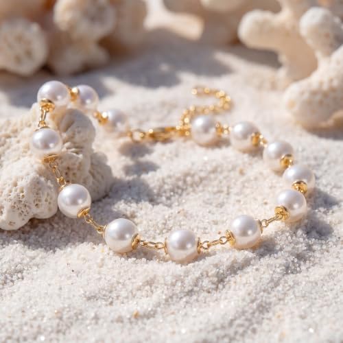 MEVECCO Dainty Chain Bracelets for Women, Layered and Charm Styles | 14K Gold Plated Brass, Select Cubic Zirconia Accents, Single and Multi-Row Structures for Refined Everyday Wristwear - style: Pearl Station