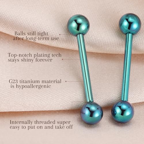 AROWRO Nipple Piercing Jewelry G23 Titanium Nipple Rings Tongue Rings Nipple Bar 14G Internally Threaded Straight Barbells Bridge Piercing Jewelry 12mm-20mm - color: Green