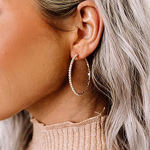 925 Sterling Silver Earrings Large Rhinestone Hoop Earrings Big Cubic Zirconia Hoop Earrings Thin Rhinestones Round Hoop Earrings for Women 20/30/40/50/60/70mm Sparkly Hoops With Crystals for Womens - color: Gold,30mm