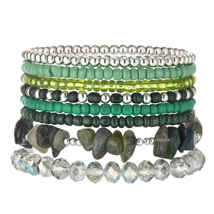 Noessla Boho Beaded Bracelets for Women Stackable Irregular Natural Stone Bead Stretch Bracelet Set 8PCS Costume Jewelry Gifts for Her - color: Green