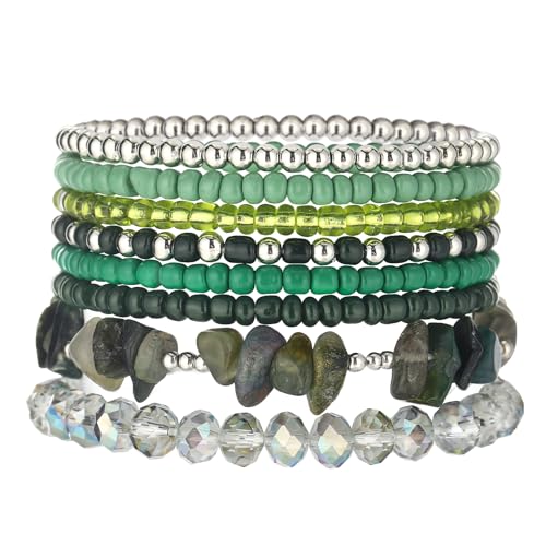 Noessla Boho Beaded Bracelets for Women Stackable Irregular Natural Stone Bead Stretch Bracelet Set 8PCS Costume Jewelry Gifts for Her - color: Green