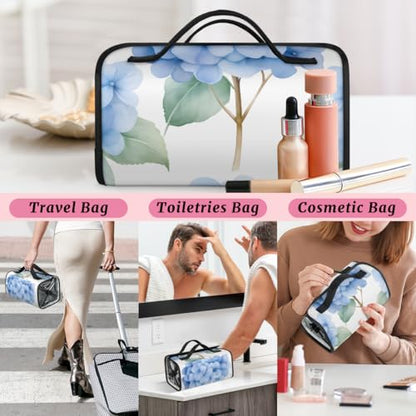 Blue Hydrangeas Hanging Roll Up Cosmetic Bag with 4 Removable Storage Bags Waterproof Foldable Toiletry Kit for Women - color: Multicolor 2