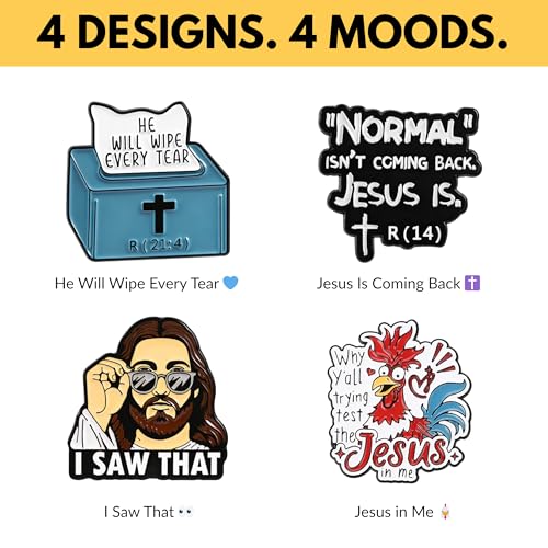 4Pcs Funny Jesus Enamel Pins Set - Humorous Christian Bible Verse Lapel Pins - Inspirational Faith-Based Accessories for Jackets, Backpacks, Hats - Collectible Religious Gifts