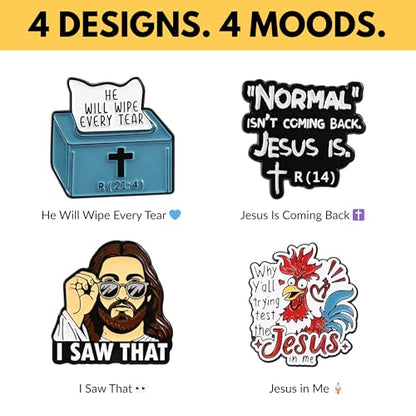 4Pcs Funny Jesus Enamel Pins Set - Humorous Christian Bible Verse Lapel Pins - Inspirational Faith-Based Accessories for Jackets, Backpacks, Hats - Collectible Religious Gifts