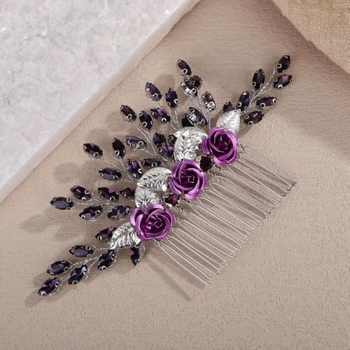 Silver Rose Flower Hair Comb with Purple Crystal for Wedding Women Bridal Hair Accessories for Prom Speical Occasion (Purple) - color: Purple