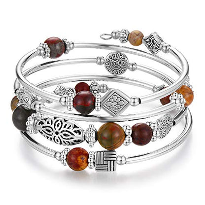 BULINLIN Layered Wrap Bangle Turquoise Bracelet - Bead Bracelet with Natural Agate Stone, Gifts For Women - color: 06-Picasso