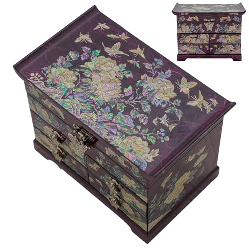 February Mountain Mother of Pearl Wooden Jewelry Organizer Box – Jewelry Storage Box for Women, Features Spacious Drawers, Ideal for Rings, Bracelets, Watches, Chains, Accessories (Peony_Purple) - style: Peony_Purple