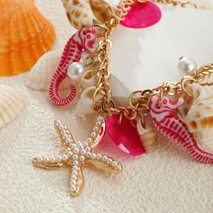 RUOFFETA Shell Starfish Necklace Bracelet Conch Statement Chunky Necklace Mermaid Costume Jewelry Beach Jewelry for Women - style: Anklet Hot Pink