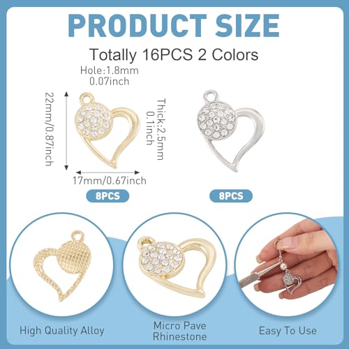 Elecrelive Crystal Heart Charms Rhinestone Heart Pendants Valentine Charms for Necklace Bracelet Earring Wedding Jewelry - color: Platinum, Golden