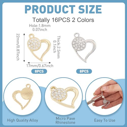 Elecrelive Crystal Heart Charms Rhinestone Heart Pendants Valentine Charms for Necklace Bracelet Earring Wedding Jewelry - color: Platinum, Golden