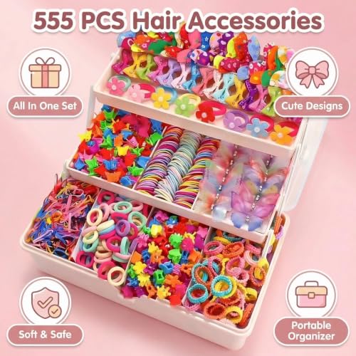 555 Pcs Cute Hair Accessories for Women, Flower and Butterfly Snap Clips, Colorful Hair Ties, and Elastic Bands
