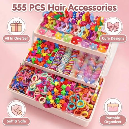 555 Pcs Cute Hair Accessories for Women, Flower and Butterfly Snap Clips, Colorful Hair Ties, and Elastic Bands