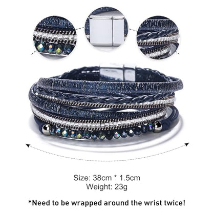 Fesciory Leather Wrap Bracelet for Women, Boho Western Layered Cuff Jewelry | Stackable Bracelets, Easy-On Clasp, Daily Wear, Pairs with Boho Western Outfits, Gift for Women - color: Blue1