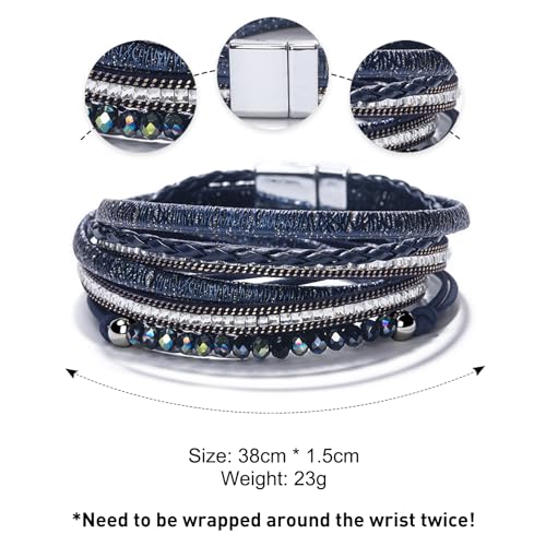 Fesciory Leather Wrap Bracelet for Women, Boho Western Layered Cuff Jewelry | Stackable Bracelets, Easy-On Clasp, Daily Wear, Pairs with Boho Western Outfits, Gift for Women - color: Blue1