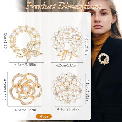 4 PCS Brooches and Pins for Women, Crystal Flower Pearl Brooch Fashion, Elegant Flower Broach for Wedding Clothing Accessory Christmas Gift