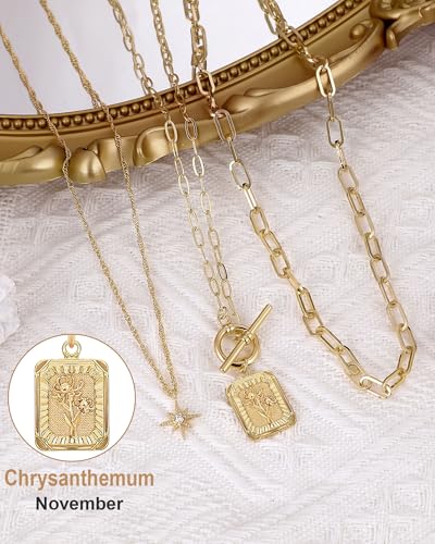 MJartoria Layered Necklaces for Women, 14K Gold Plated Brass | Star Choker, Square Birth Flower, Paperclip Chain, Trendy - color: Gold, style: Z11-Chrysanthemum