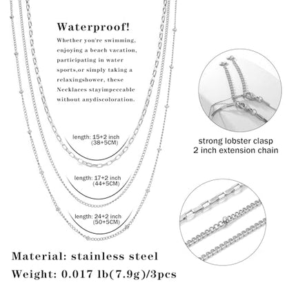 CONRAN KREMIX Waterproof Gold Necklace Layered Necklaces for Women Non Tarnish,14k Gold Plated Stainless Steel Dainty Stack Thin Chain Necklace Set for Women Gifts Jewelry - color: Silver-07