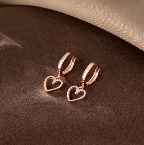 Reffeer Solid 925 Sterling Silver Heart Drop Earrings Hoop for Women Teens Heart Hoop Earrings Huggie Drop Earrings - color: C-Rose