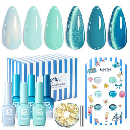 Beetles Blue Gel Nail Polish Set, Summer Voyage Glitter & Cat Eye Effects | 6 Mint Green Gel Polish Colors with Nail Art Stickers&Scrunchie for Soak-Off Uv Manicure Kits And Gifts - color: Shore Light