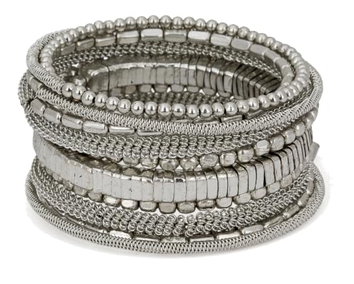 SPUNKYsoul Handmade Bohemian Multi-Color Beaded Coil Bracelet – Comfortable, Adjustable Boho Wrap Cuff That Stacks Easily and Lets You Effortlessly Elevate Any Outfit, Day or Night - style: Silver