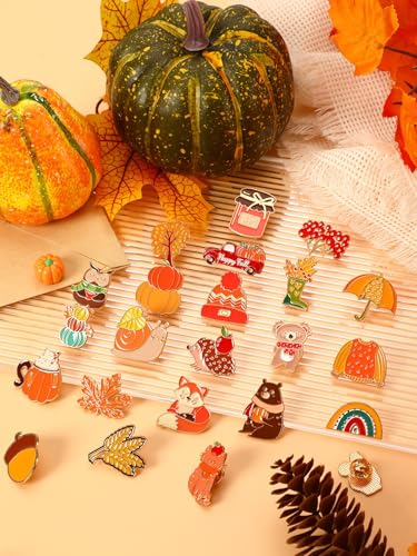 JUNEBRUSHS 28PCS Fall Enamel Pins Cute Pumpkin Maple Animal Brooch Pins for Fall Thanksgiving Theme Birthday Party Classroom Favor Supplies Exchange Gift Clothes Hat Accessories - style: Fall Style