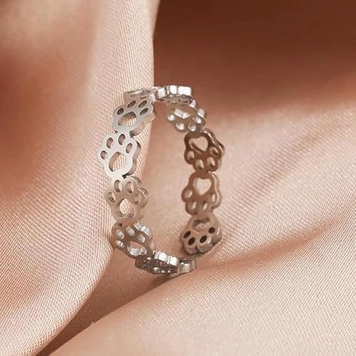 Fashionable and Cute Hollow Cat Claw Footprint Stainless Steel Open Ring Female Creative Couple Ring Animal Jewelry - color: silvery