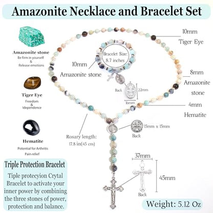 Rosary for Men Women, Natural Stone Beads with St. Benedict Bracelet | 8 mm Natural Stone Prayer Beads with 10 mm Accent Beads, St. Benedict Crucifix, Matching Bracelet, Gift Box and Pouch. - color: Amazonite