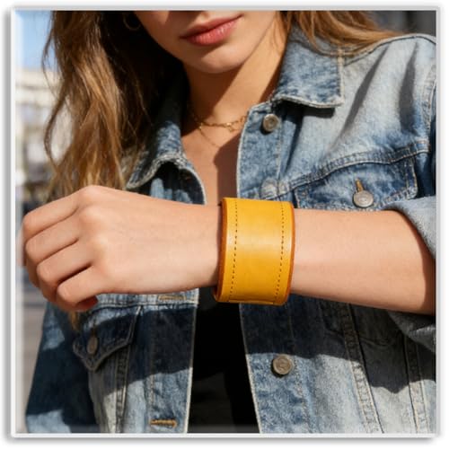 Xusamss Wide Leather Cuff Bracelet for Women Adjustable Punk Wristband Faux Leather Fashion Jewelry Bangle - color: Yellow