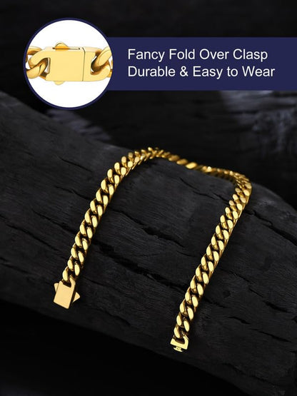 Bandmax Mens Hip Hop Cuban Link Bracelets 5/7/9/12MM Stainless Steel Miami Curb Chain Bracelet Silver/Gold Plated/Black Wristlet Chains for Men 7"-9" - color: 03 5MM-Gold