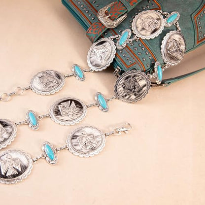 Montana West Rustic Couture's Turquoise Western Concho Chain Belt for Women | Large Western Cowgirl Metal Adjustable Boho Body Chain Belt for Dresses Jeans Country Concert - color: Brilliant Turquoise