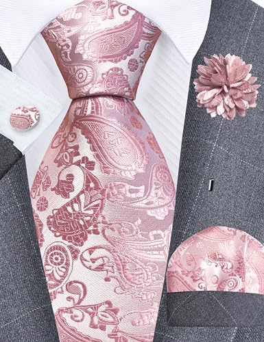 GUSLESON 3.15"（8cm） Mens Paisley Tie and Lapel Pin Necktie Hankerchief Cufflinks Set for Men - color: Dusty Rose
