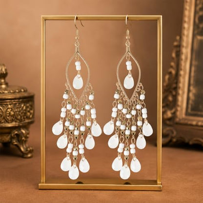 Boho Chandelier Earrings, Beaded Tasse Dangle Earring for Women, Red, Black, Blue, White, Colorful Long Earrings - color: White