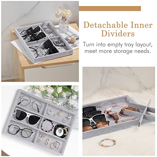 Emibele Bracelets Organizer Jewelry Tray, 12 Grids Velvet Tray Storage for Watches Rings Earrings, Stackable Jewelry Drawer Organizer Showcase Display Trays with Detachable Inner Dividers, Grey - style: D1- twelve Grids