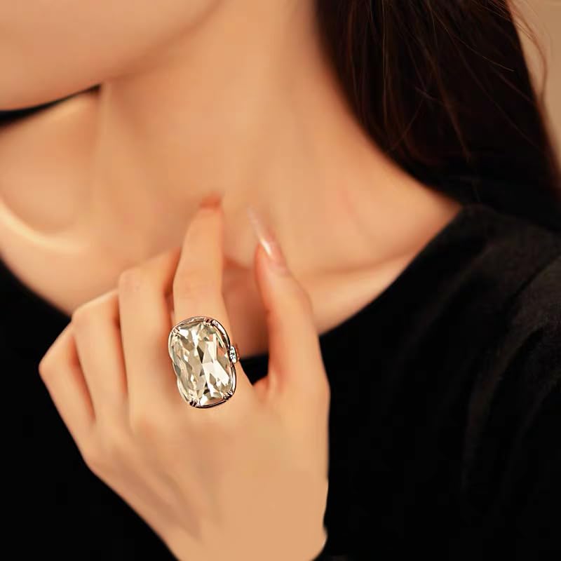 Statement Geometric Large Clear Rhinestone Open Ring for Women Silver Big Thick Chunky Exaggerated Rectangle Crystal Stone Finger Knuckle Band Rings Wedding Brides Cocktail Prom Party Jewelry Gift