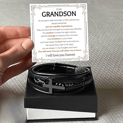 To My GrandSon Bracelet – Cross Braided Leather Bracelet, Meaningful GrandSon Gift from Grandpa & Grandma with Heartfelt Message Card & Elegant Gift Box for Birthday, Christmas, Graduation - color: Version#7