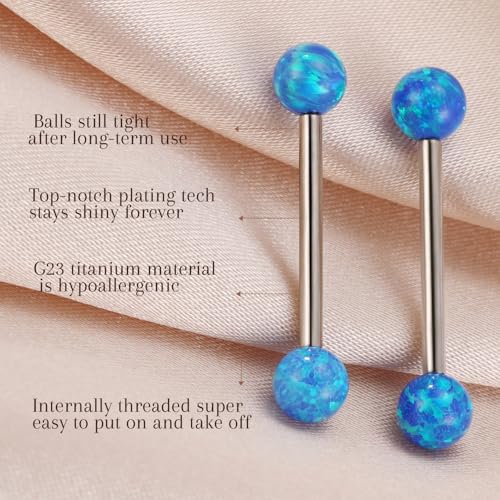 AROWRO Nipple Piercing Jewelry G23 Titanium Nipple Rings Tongue Rings Nipple Bar 14G Internally Threaded Straight Barbells Bridge Piercing Jewelry 12mm-20mm - color: Silver+Blue Opal