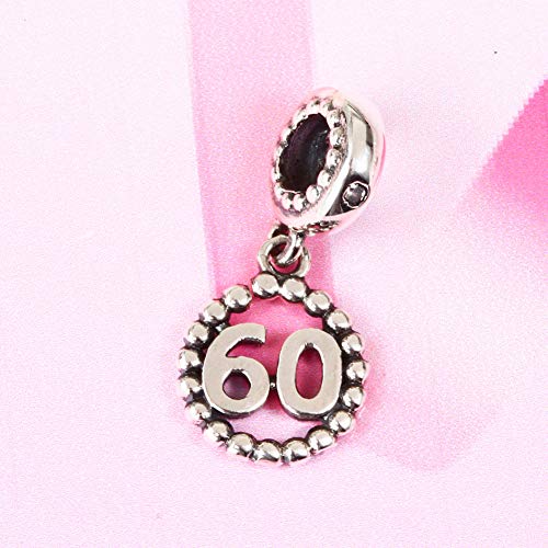 5,10,15,16,17,18,20,21,25,30,35,40,42,49,50,55,60,65,70 Number Charms for European Bracelet, 925 Sterling Silver Birthday Pendant Beads with CZ, Gifts for Mothers Day/Anniversary - color: Silver Color Number 60 Charm