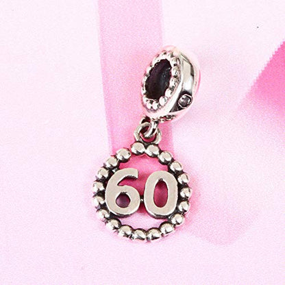 5,10,15,16,17,18,20,21,25,30,35,40,42,49,50,55,60,65,70 Number Charms for European Bracelet, 925 Sterling Silver Birthday Pendant Beads with CZ, Gifts for Mothers Day/Anniversary - color: Silver Color Number 60 Charm