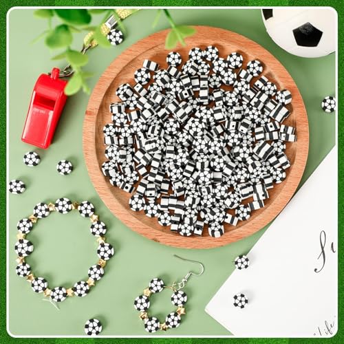 300Pcs Soccer Clay Beads,Soccer Flat Polymer Clay Beads Charms Sports Beads for Bracelets Jewelry Making Necklaces Earrings and Crafts Supplies - color: Soccer Color