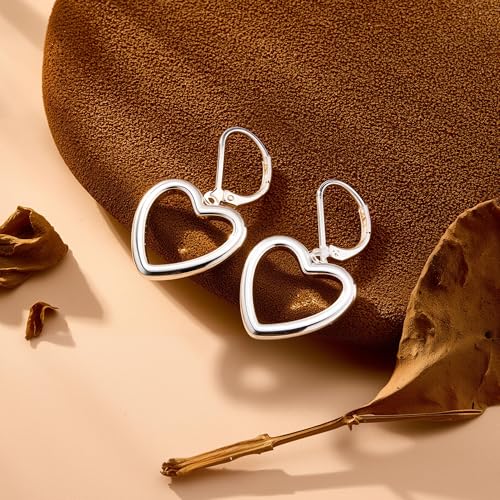 14K Gold Plated 925 Sterling Silver Openwork Love Heart Dangle Earrings, Leverback Huggie Hoop Hypoallergenic Trendy Earrings for Women - color: 925 Silver-B