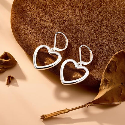 14K Gold Plated 925 Sterling Silver Openwork Love Heart Dangle Earrings, Leverback Huggie Hoop Hypoallergenic Trendy Earrings for Women - color: 925 Silver-B