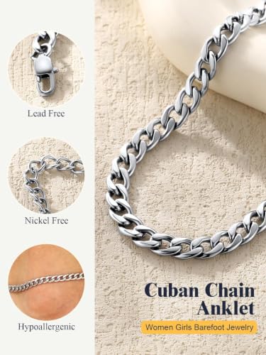 U7 Ankle Bracelets for Women Stainless Steel Waterproof Tarnish Resistant | 18K Gold Plated/Silver/Rose Gold Anklets, Cuban Chain Anklet Bracelets, Perfect for Summer Beach and Vacation Outfits - color: Stainless Steel-5mm-Curb Chain
