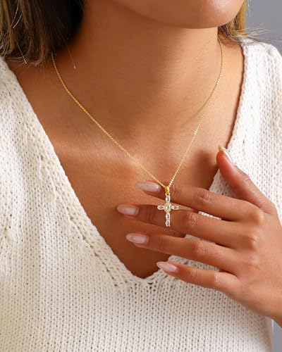 Cross Necklace for Women, 14K Gold Plated Cubic Zirconia Cross Pendant Necklace, Trendy Christian Jewelry Gifts for Baptism First Communion Christmas - color: Style B - Gold